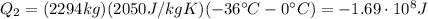 Q_2 = (2294 kg)(2050 J/kg K)(-36^{\circ}C-0^{\circ}C)=-1.69 \cdot 10^8 J