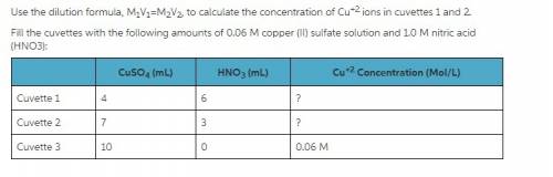 Use the dilution formula, m1v1 = m2v2, to calculate the concentration of cu+2 ions in cuvettes 1 and