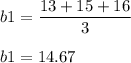 b1= \dfrac {13+15+16}{3}\\\\b1= 14.67