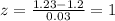 z=\frac{1.23-1.2}{0.03}=1