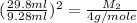 (\frac{29.8ml}{9.28ml})^2=\frac{M_2}{4g/mole}
