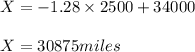 X=-1.28\times 2500+34000\\\\X=30875miles