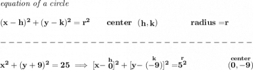 \bf \textit{equation of a circle}\\\\ &#10;(x- h)^2+(y- k)^2= r^2&#10;\qquad &#10;center~~(\stackrel{}{ h},\stackrel{}{ k})\qquad \qquad &#10;radius=\stackrel{}{ r}\\\\&#10;-------------------------------\\\\&#10;x^2+(y+9)^2=25\implies [x-\stackrel{h}{0}]^2+[y-\stackrel{k}{(-9)}]^2=\stackrel{r}{5^2}\qquad \qquad \quad \stackrel{center}{(0,-9)}