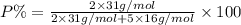 P\%=\frac{2\times 31 g/mol}{2\times 31 g/mol+5\times 16g/mol}\times 100