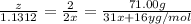 \frac{z}{1.1312 }=\frac{2}{2x}=\frac{71.00 g}{31x+16 y g/mol}