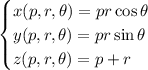 \begin{cases}x(p,r,\theta)=pr\cos\theta\\y(p,r,\theta)=pr\sin\theta\\z(p,r,\theta)=p+r\end{cases}