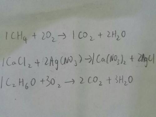 Balance the following equations by inserting the proper coefficients. ch4 + o2 >  co2 +h2o cacl2