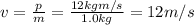 v= \frac{p}{m}= \frac{12 kg m/s}{1.0 kg}=12 m/s
