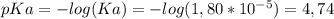 pKa=-log(Ka)=-log( 1,80*10^{-5} )=4,74