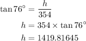 \begin{aligned}\tan76^{\circ} &= \dfrac {h} {354}\\h&=354\times \tan76^{\circ}\\h&=1419.81645\end {aligned}