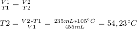 \frac{V1}{T1} = \frac{V2}{T2} \\  \\ T2= \frac{V2*T1}{V1}=  \frac{235 mL * 105  ^{\circ}C }{455 mL}=54,23 ^{\circ}C