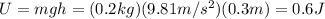 U=mgh=(0.2 kg)(9.81 m/s^2)(0.3 m)=0.6 J