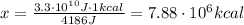 x= \frac{3.3 \cdot 10^{10} J \cdot 1 kcal}{4186 J} =7.88 \cdot 10^6 kcal