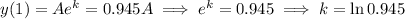 y(1) = Ae^k = 0.945A \implies e^k = 0.945 \implies k = \ln 0.945