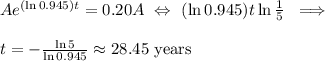 Ae^{(\ln 0.945) t} = 0.20 A \ \Leftrightarrow\ (\ln 0.945) t \ln \frac{1}{5}\ \implies \\ \\&#10;t = - \frac{\ln 5}{\ln 0.945} \approx 28.45\text{ years}
