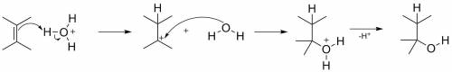 Complete the mechanism for the electrophilic addition wtien the alkene is treated with water in acid