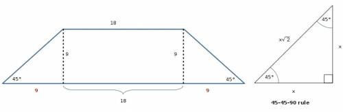 What is the area of an isosceles trapezoid if the length of its shorter base is 18 cm, the length of