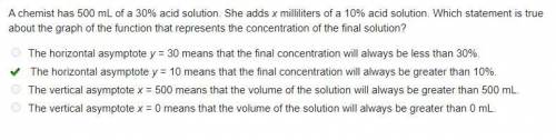 Achemist has 500 ml of a 30% acid solution. she adds x milliliters of a 10% acid solution. which sta
