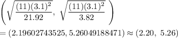 \left ( \sqrt{\dfrac{(11)(3.1)^2}{21.92}},\ \sqrt{\dfrac{(11)(3.1)^2}{3.82}} \ \right )\\\\=\left ( 2.19602743525, 5.26049188471\right )\approx(2.20,\ 5.26)