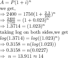 A=P(1+i)^n\\\text{we get,}\\\Rightarrow 2400=1750(1+\frac{2.3}{100})^n\\\Rightarrow\frac{2400}{1750}=(1+0.023)^n\\\Rightarrow1.3714=(1.023)^n\\\text{taking log on both sides,we get}\\log(1.3714)=log((1.023)^n)\\\Rightarrow0.3158=n(log(1.023))\\\Rightarrow0.3158=n(0.0227)\\\Rightarrow\ n=13.911\approx 14