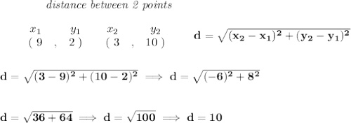 \bf ~~~~~~~~~~~~\textit{distance between 2 points}\\ \quad \\&#10;\begin{array}{ccccccccc}&#10;&&x_1&&y_1&&x_2&&y_2\\&#10;%  (a,b)&#10;&&(~{{ 9}} &,&{{ 2}}~) &#10;%  (c,d)&#10;&&(~{{ 3}} &,&{{ 10}}~)&#10;\end{array}\qquad &#10;%  distance value&#10;d = \sqrt{({{ x_2}}-{{ x_1}})^2 + ({{ y_2}}-{{ y_1}})^2}&#10;\\\\\\&#10;d=\sqrt{(3-9)^2+(10-2)^2}\implies d=\sqrt{(-6)^2+8^2}&#10;\\\\\\&#10;d=\sqrt{36+64}&#10;\implies &#10;d=\sqrt{100}\implies d=10