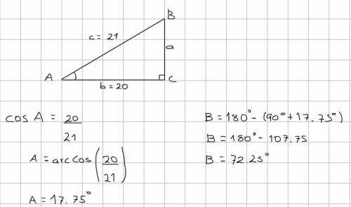 What is the approximate measure of angle i in a right triangle with b=20 and c=21.17.7546.443.672.25