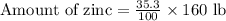 \text{Amount of zinc}=\frac{35.3}{100}\times 160\text{ lb}