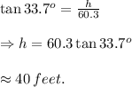 \tan33.7^o= \frac{h}{60.3}  \\  \\ \Rightarrow h=60.3\tan33.7^o \\  \\ \approx40\, feet.
