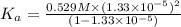 K_a=\frac{0.529 M\times (1.33\times 10^{-5})^2}{(1-1.33\times 10^{-5})}
