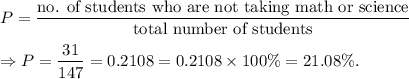 P=\dfrac{\textup{no. of students who are not taking math or science}}{\textup{total number of students}}\\\\\Rightarrow P=\dfrac{31}{147}=0.2108=0.2108\times 100\%=21.08\%.