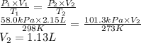 \frac{P_{1}\times V_{1}}{T_{1}} =\frac{P_{2}\times V_{2}}{T_{2}}\\\frac{58.0kPa\times 2.15L}{298K} =\frac{101.3kPa\times V_{2}}{273K}\\V_{2}=1.13L