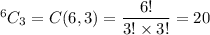 ^6C_3=C(6,3)=\dfrac{6!}{3!\times 3!}=20
