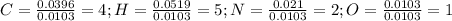 C=\frac{0.0396}{0.0103}=4;H=\frac{0.0519}{0.0103}=5;N=\frac{0.021}{0.0103}=2;O=\frac{0.0103}{0.0103}=1
