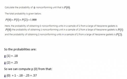 If the probability of obtaining 1 nonconforming unit a sample of 2 from a large lot of neoprene gask