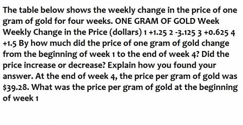 By how much did the price of one gram of gold change from the beginning of week 1 to the end of the