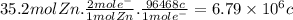 35.2molZn.\frac{2mole^{-} }{1molZn} .\frac{96468c}{1mole^{-}} =6.79 \times 10^{6} c