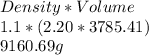 Density * Volume\\1.1*(2.20*3785.41)\\9160.69 g