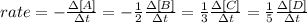 rate=-\frac{\Delta [A]}{\Delta t}=-\frac{1}{2}\frac{\Delta [B]}{\Delta t}=\frac{1}{3}\frac{\Delta [C]}{\Delta t}=\frac{1}{5}\frac{\Delta [D]}{\Delta t}