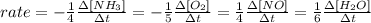 rate=-\frac{1}{4}\frac{\Delta [NH_3]}{\Delta t}=-\frac{1}{5}\frac{\Delta [O_2]}{\Delta t}=\frac{1}{4}\frac{\Delta [NO]}{\Delta t}=\frac{1}{6}\frac{\Delta [H_2O]}{\Delta t}