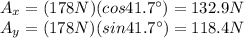 A_x = (178 N)(cos 41.7^{\circ})=132.9 N\\A_y = (178 N)(sin 41.7^{\circ})=118.4 N