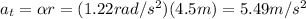 a_t = \alpha r =(1.22 rad/s^2)(4.5 m)=5.49 m/s^2