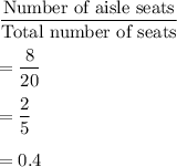 \dfrac{\text{Number of aisle seats}}{\text{Total number of seats}}\\\\=\dfrac{8}{20}\\\\=\dfrac{2}{5}\\\\=0.4