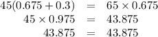\begin{array}{rcl}45(0.675 + 0.3) & = & 65 \times 0.675\\45 \times 0.975 & = & 43.875\\43.875 & = & 43.875\\\end{array}