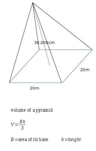 Find the volume of a pyramid with a square base that is 20m by 20m. the height is 30,000 cm.: