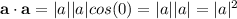 \textbf{a}\cdot \textbf{a}=|a| |a| cos(0)=|a| |a|=|a|^2