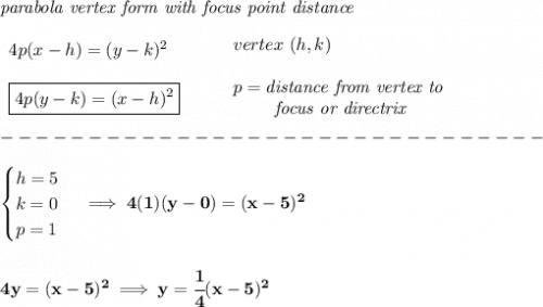 \bf \textit{parabola vertex form with focus point distance}&#10;\\\\&#10;\begin{array}{llll}&#10;4p(x- h)=(y- k)^2&#10;\\\\&#10;\boxed{4p(y- k)=(x- h)^2}&#10;\end{array}&#10;\qquad &#10;\begin{array}{llll}&#10;vertex\ ( h, k)\\\\&#10; p=\textit{distance from vertex to }\\&#10;\qquad \textit{ focus or directrix}&#10;\end{array}\\\\&#10;-------------------------------\\\\&#10;\begin{cases}&#10;h=5\\&#10;k=0\\&#10;p=1&#10;\end{cases}\implies 4(1)(y-0)=(x-5)^2&#10;\\\\\\&#10;4y=(x-5)^2\implies  y=\cfrac{1}{4}(x-5)^2