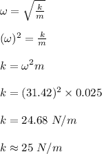 \omega = \sqrt{\frac{k}{m} } \\\\(\omega)^2 = \frac{k}{m} \\\\k =\omega ^2 m\\\\k = (31.42)^2 \times 0.025\\\\k = 24.68 \ N/m\\\\k \approx 25 \ N/m
