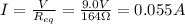 I= \frac{V}{R_{eq}}= \frac{9.0 V}{164 \Omega}=0.055 A
