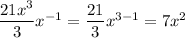 \dfrac{21x^3}{3}x^{-1}=\dfrac{21}{3}x^{3-1}=7x^2