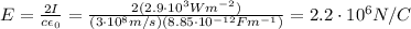 E= \frac{2 I}{c \epsilon_0} = \frac{2 ( 2.9 \cdot 10^3 Wm^{-2})}{(3 \cdot 10^8 m/s)(8.85 \cdot 10^{-12} Fm^{-1})} =2.2 \cdot 10^6 N/C
